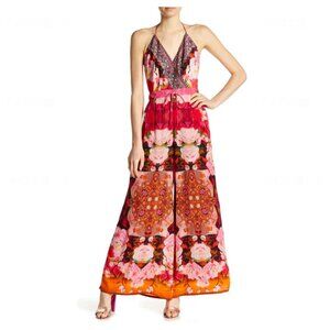SHAHIDA PARIDES 100% Silk Wide Leg Palazzo Jumpsuit Flamingo
